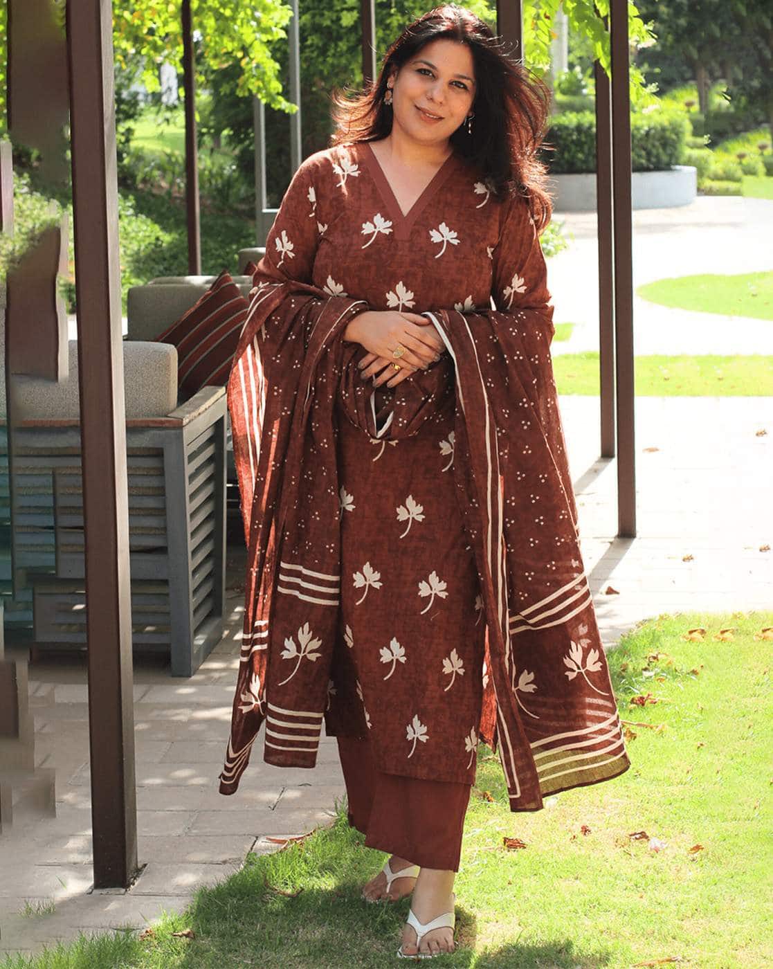 Women's Brown Cotton Floral Print Kurta with Palazzo Pant and Dupatta | Ethnic Set | Suit Set | Kurta Set