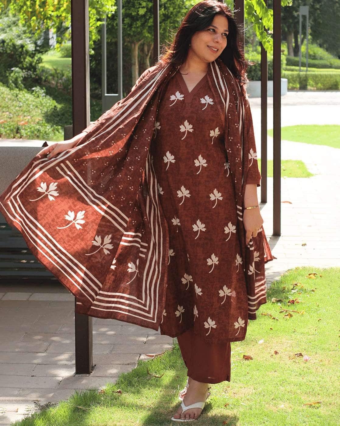 Women's Brown Cotton Floral Print Kurta with Palazzo Pant and Dupatta | Ethnic Set | Suit Set | Kurta Set