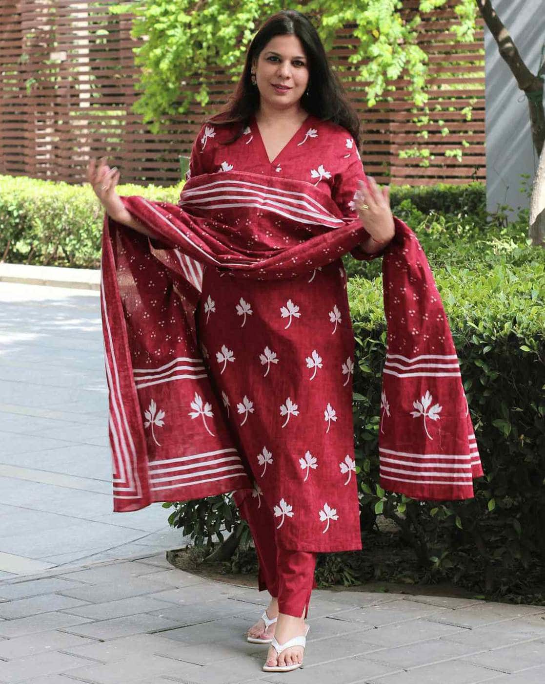 Women's Maroon Cotton Floral Print Kurta with Palazzo Pant and Dupatta | Ethnic Set | Suit Set | Kurta Set