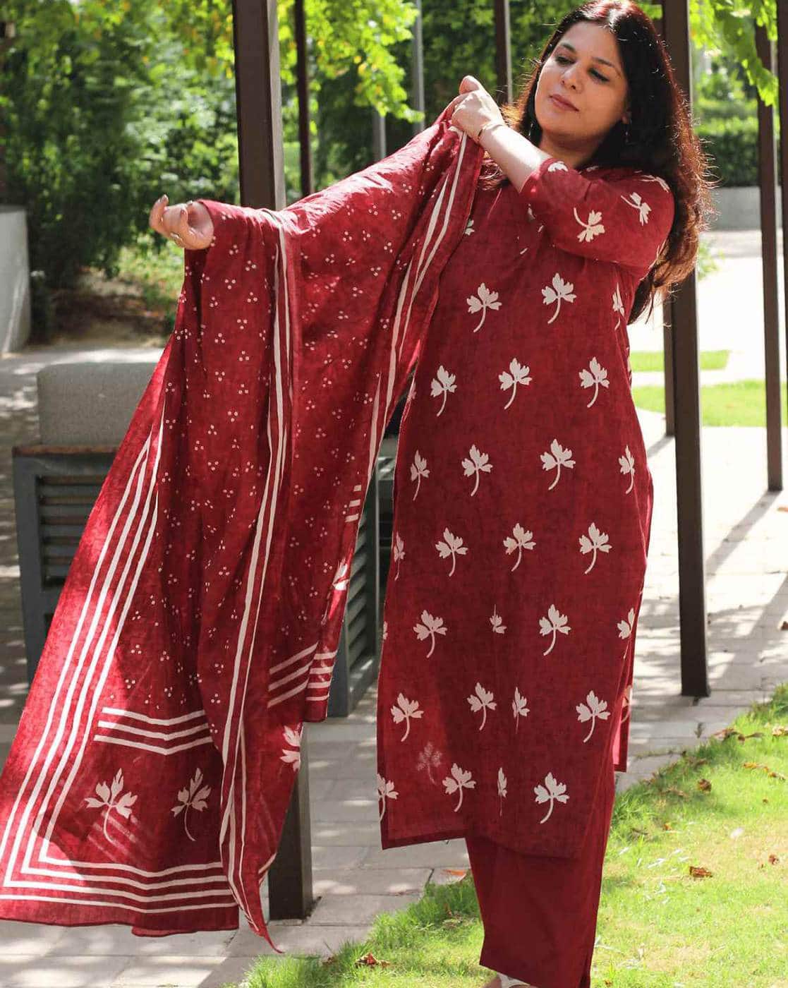 Women's Maroon Cotton Floral Print Kurta with Palazzo Pant and Dupatta | Ethnic Set | Suit Set | Kurta Set