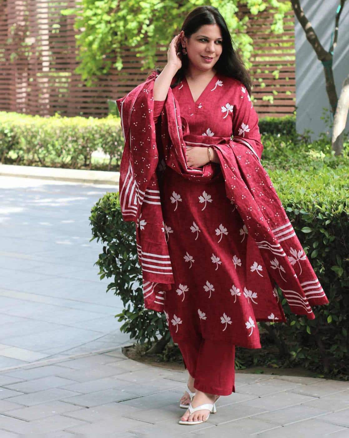 Women's Maroon Cotton Floral Print Kurta with Palazzo Pant and Dupatta | Ethnic Set | Suit Set | Kurta Set