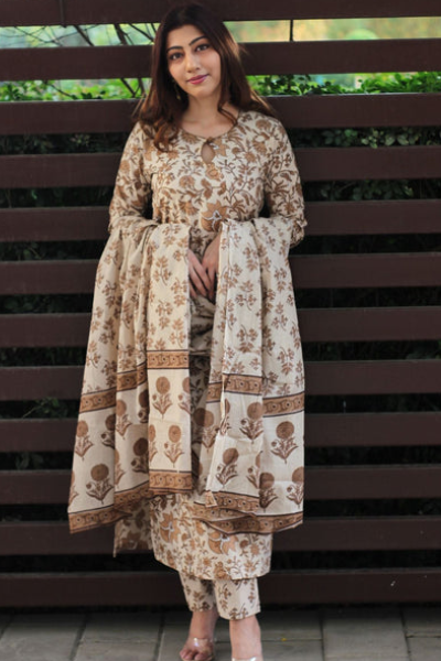 Women's Pure Cotton Block Print Flared Kurta Set with Palazzo and Dupatta | 3 Piece Off White Jaipuri Printed Ethnic Wear | Festive & Daily Wear | Soft Breathable A-Line Kurta Suit Set
