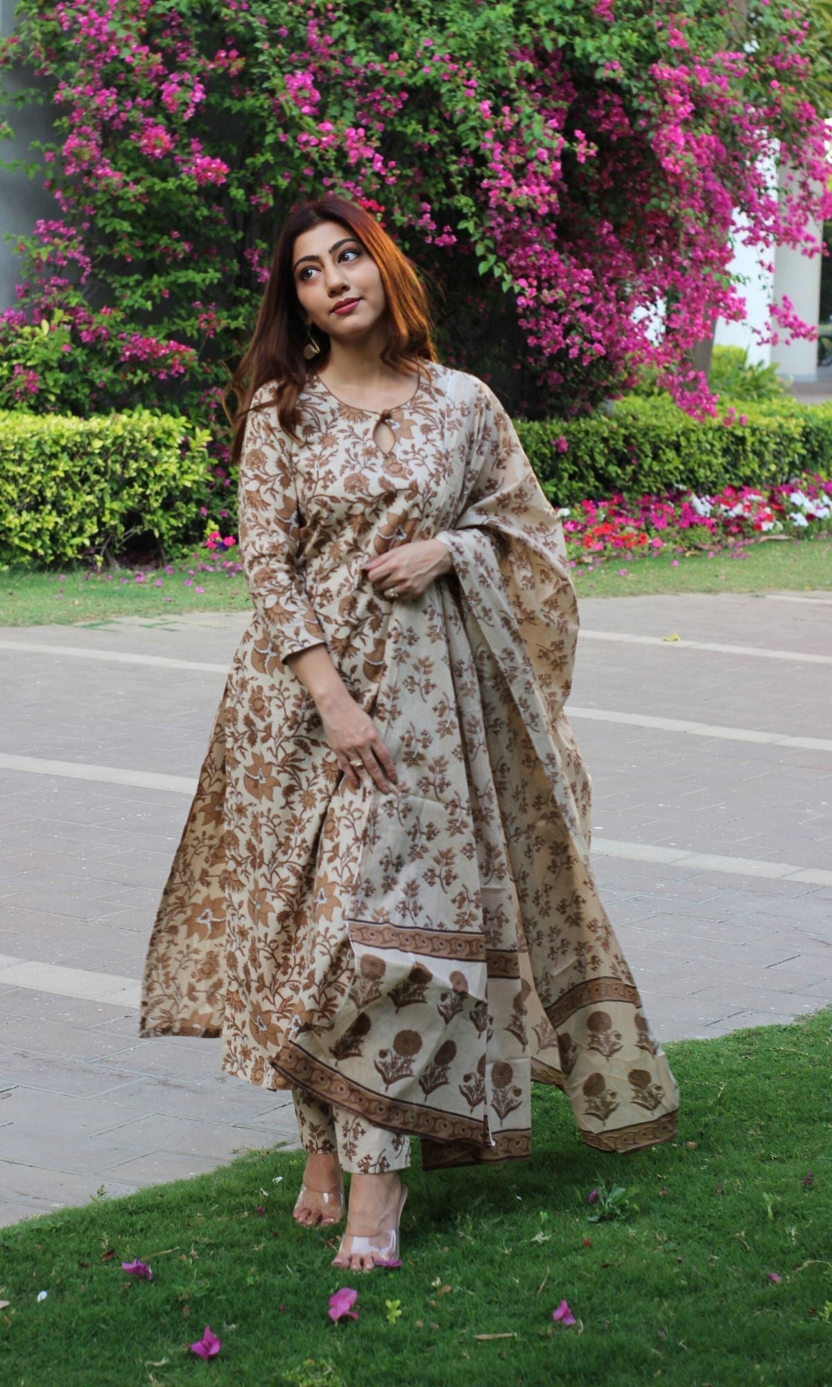 Women's Pure Cotton Block Print Flared Kurta Set with Palazzo and Dupatta | 3 Piece Off White Jaipuri Printed Ethnic Wear | Festive & Daily Wear | Soft Breathable A-Line Kurta Suit Set
