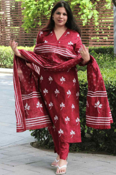 Women's Maroon Cotton Floral Print Kurta with Palazzo Pant and Dupatta | Ethnic Set | Suit Set | Kurta Set