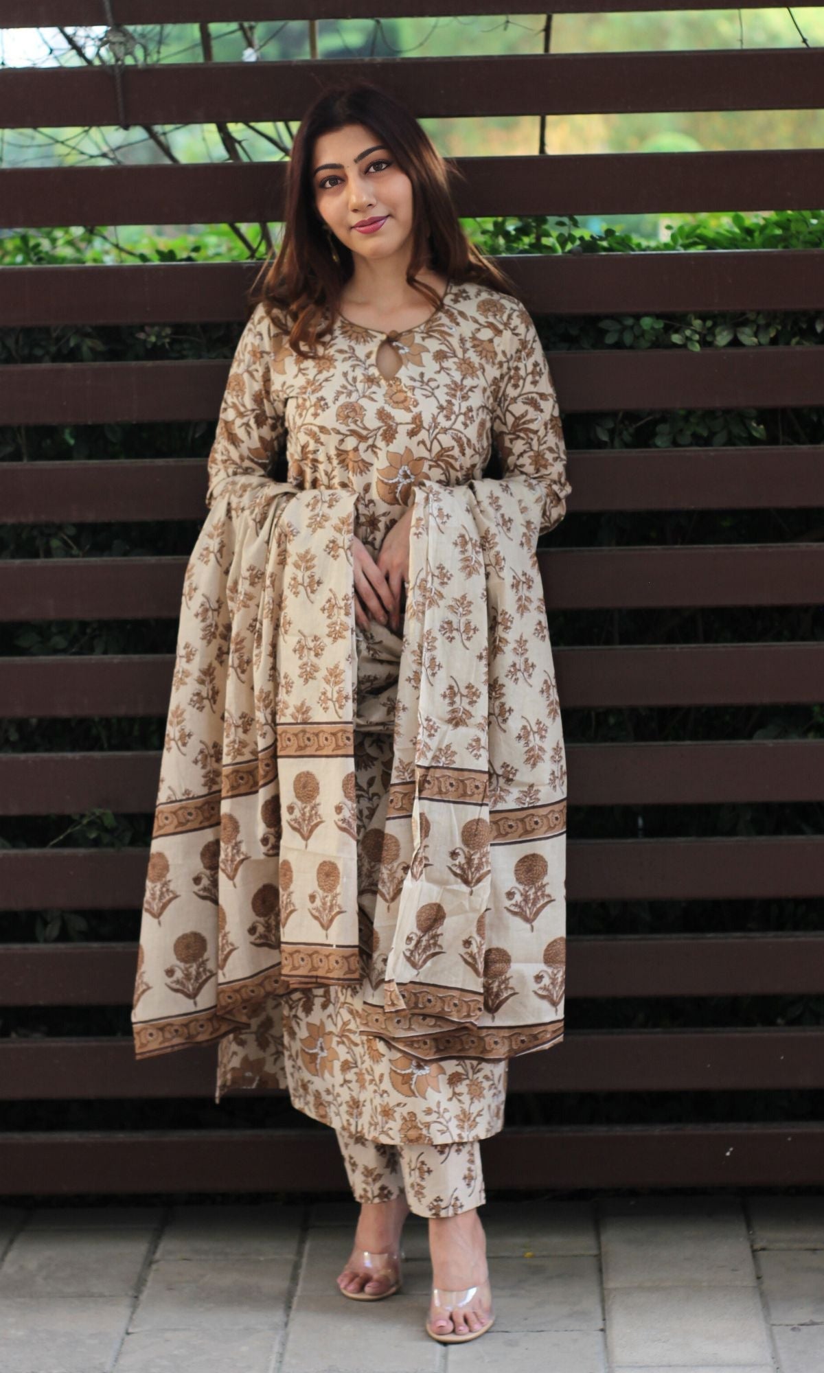 Women's Pure Cotton Block Print Flared Kurta Set with Palazzo and Dupatta | 3 Piece Off White Jaipuri Printed Ethnic Wear | Festive & Daily Wear | Soft Breathable A-Line Kurta Suit Set