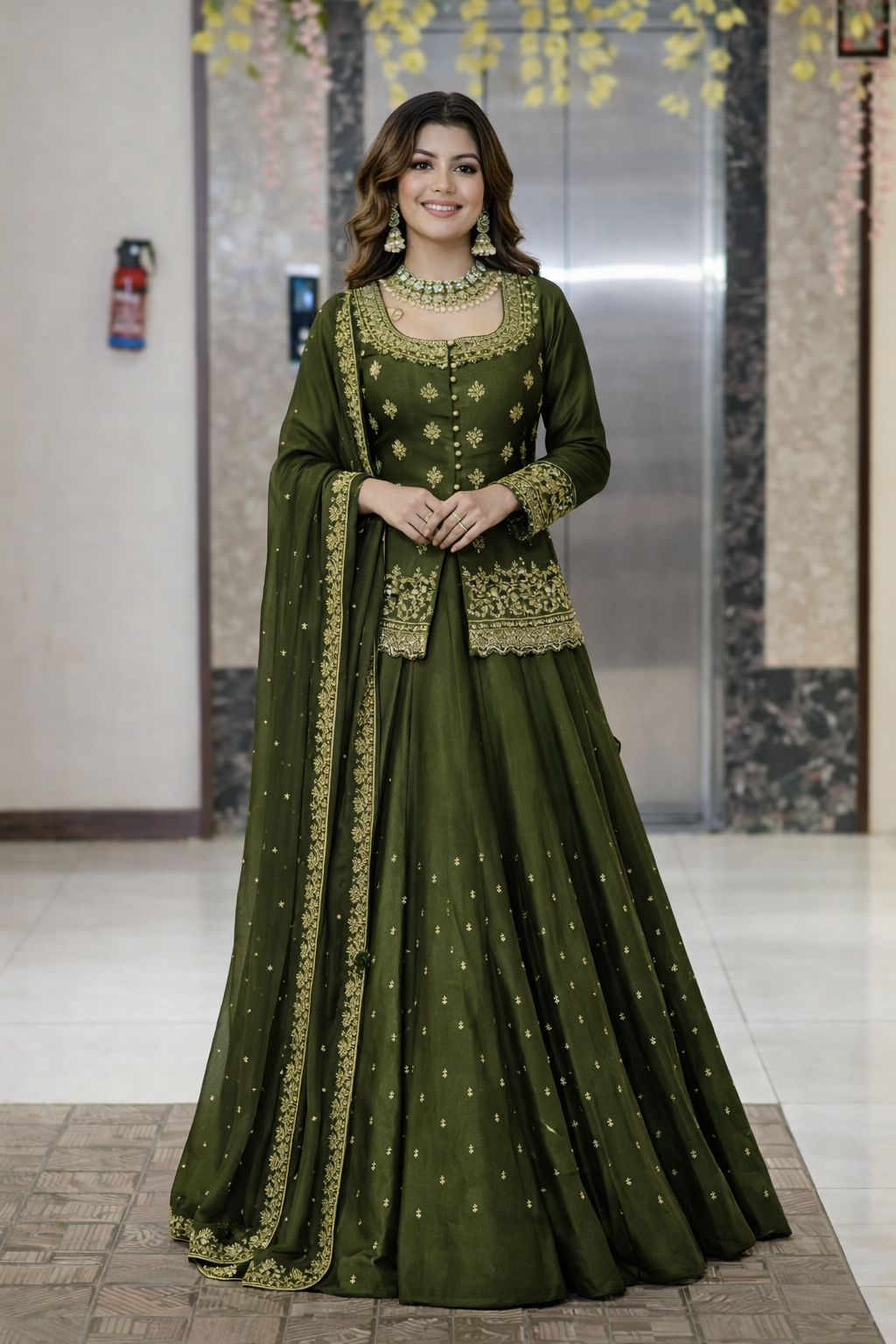 Women’s Chanderi Silk Embroidered Kurta Set with Lehenga Style Bottom & Dupatta | Bollywood Style Embroidery lehenga Choli Set For Woman