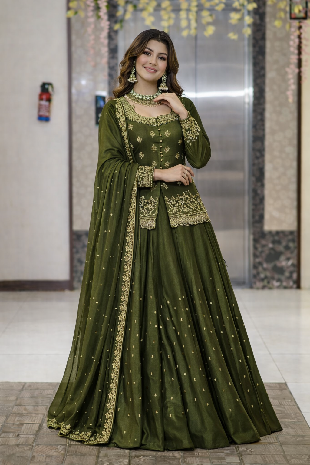 Women’s Chanderi Silk Embroidered Kurta Set with Lehenga Style Bottom & Dupatta | Bollywood Style Embroidery lehenga Choli Set For Woman