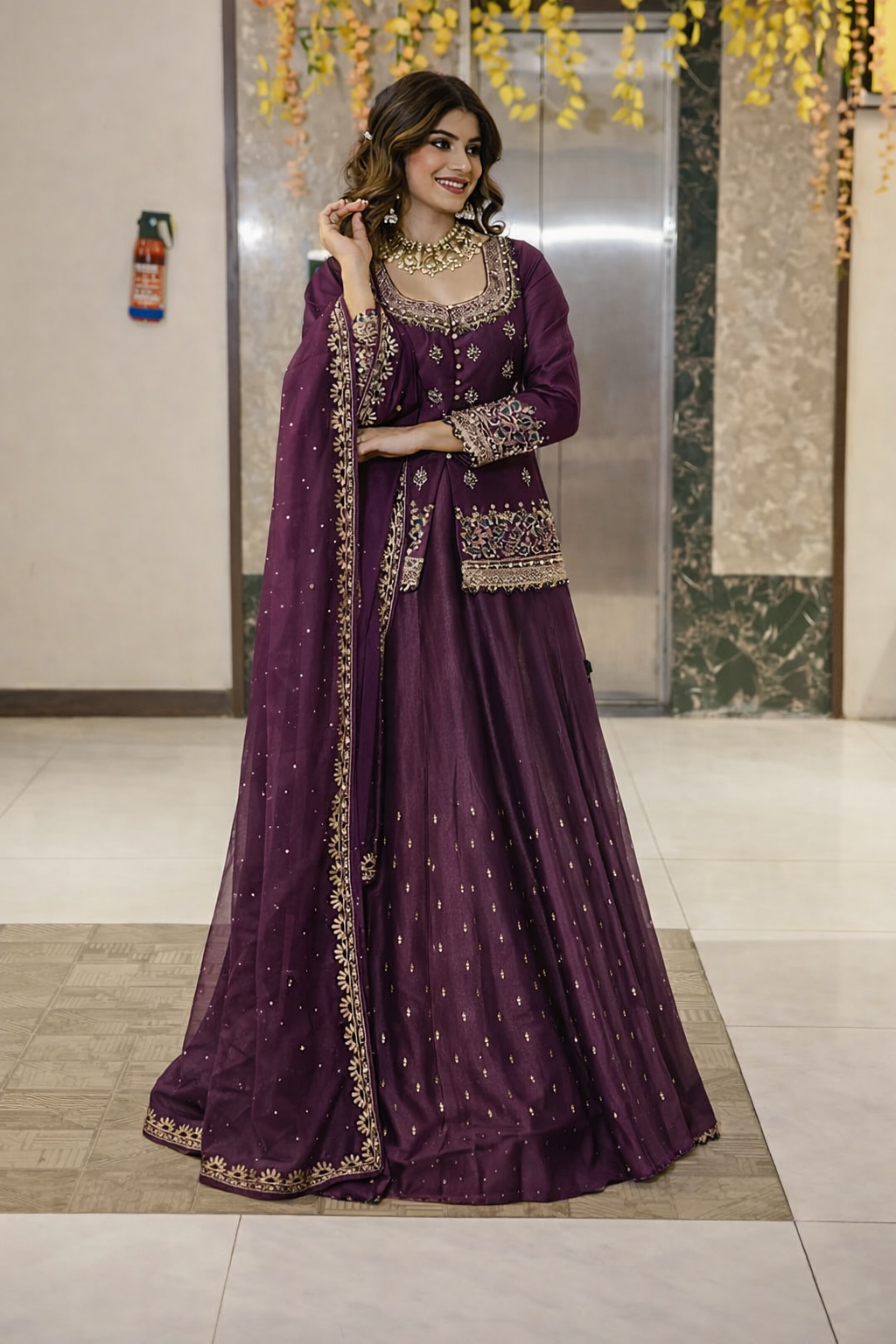 Women’s Chanderi Silk Embroidered Kurta Set with Lehenga Style Bottom & Dupatta | Bollywood Style Embroidery lehenga Choli Set For Woman